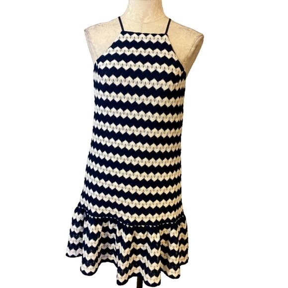 Trina Turk Dress White Navy Blue S Small Crochet Stretch Sheath Washable Resort - Picture 1 of 6